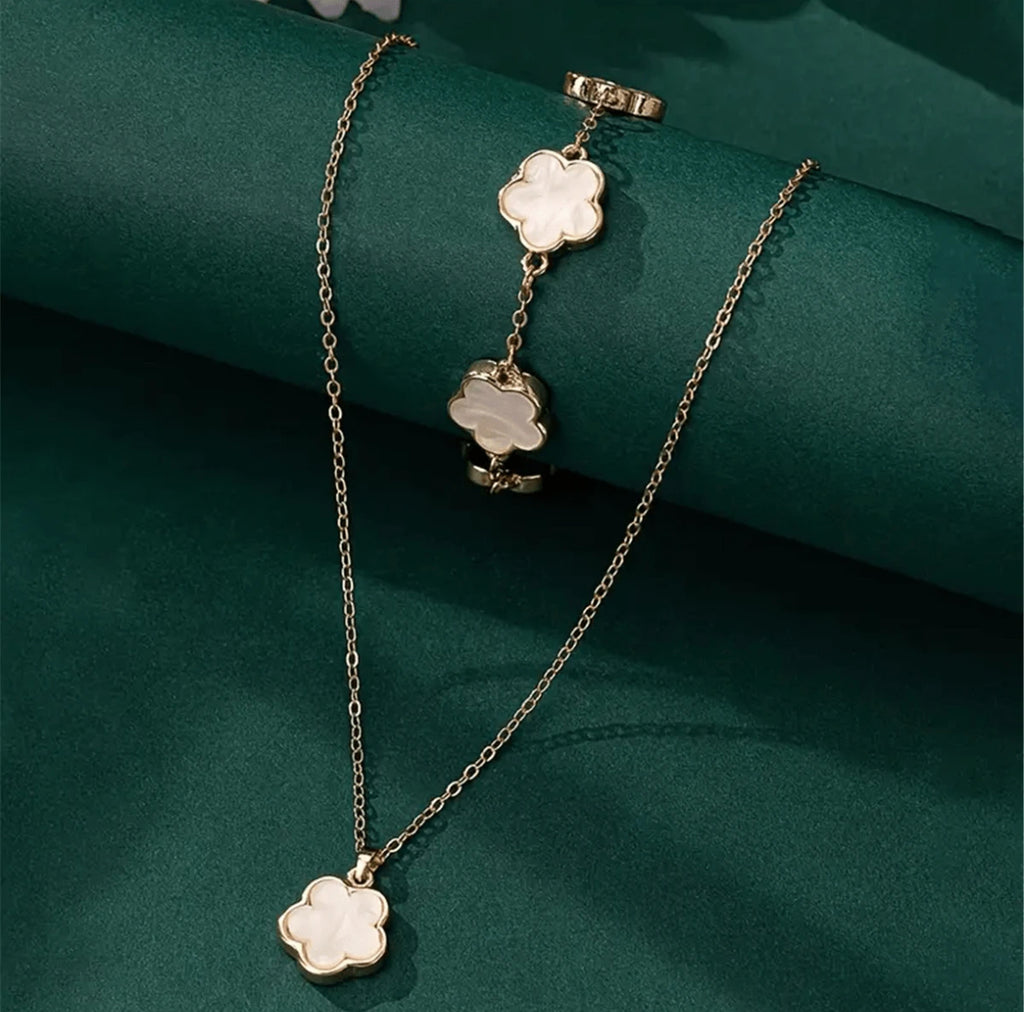 white lucky clover set bracelet & necklace